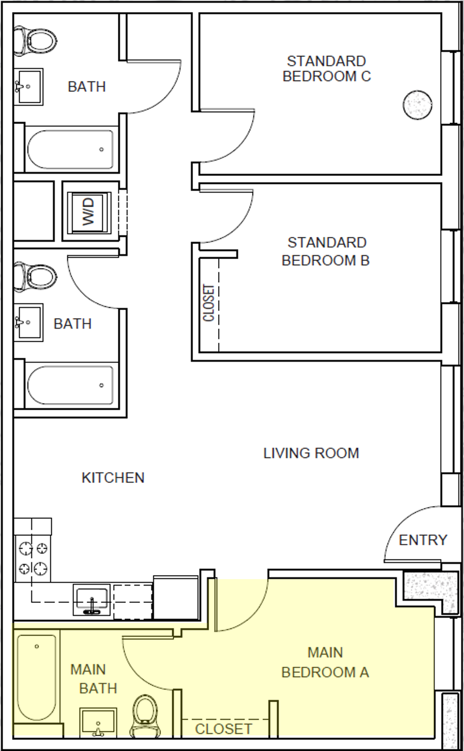 Floor plan for 3 beds, 3 baths, 278 sqft